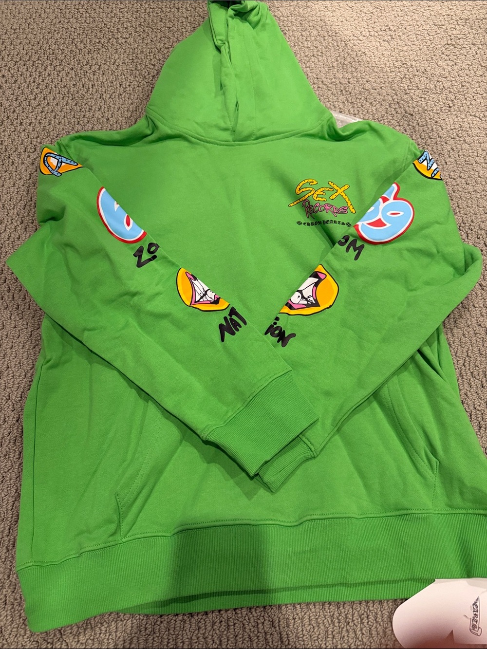 Chrome Hearts (S*X RECORDS) Neon Green Pullover Hoodie with Logo Tags